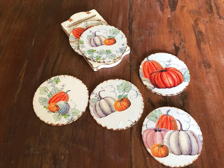 Thanksgiving Coaster Set of 6|Fall Pumpkins and Leaves|Wooden Autumn Decor|Hand Painted Harvest Pumpkin Coasters|Handmade Halloween Decor