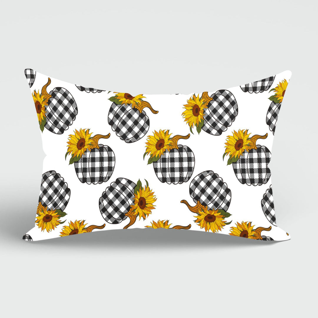 Fall Trend Cushion Case|Autumn Lumbar Pillow Cover|Thanksgiving Pillow Case|Checkered Pumpkin, Sunflower Cushion|Rectangle Lumbar Pillowtop