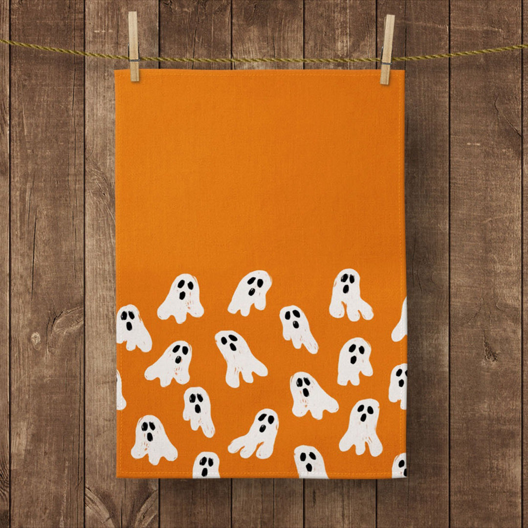 Halloween Kitchen Towel|Ghost Print Dish Towel|Bat and Happy Halloween Hand Towel|Decorative Tea Towel|Autumn Trend Orange Black Hand Towel