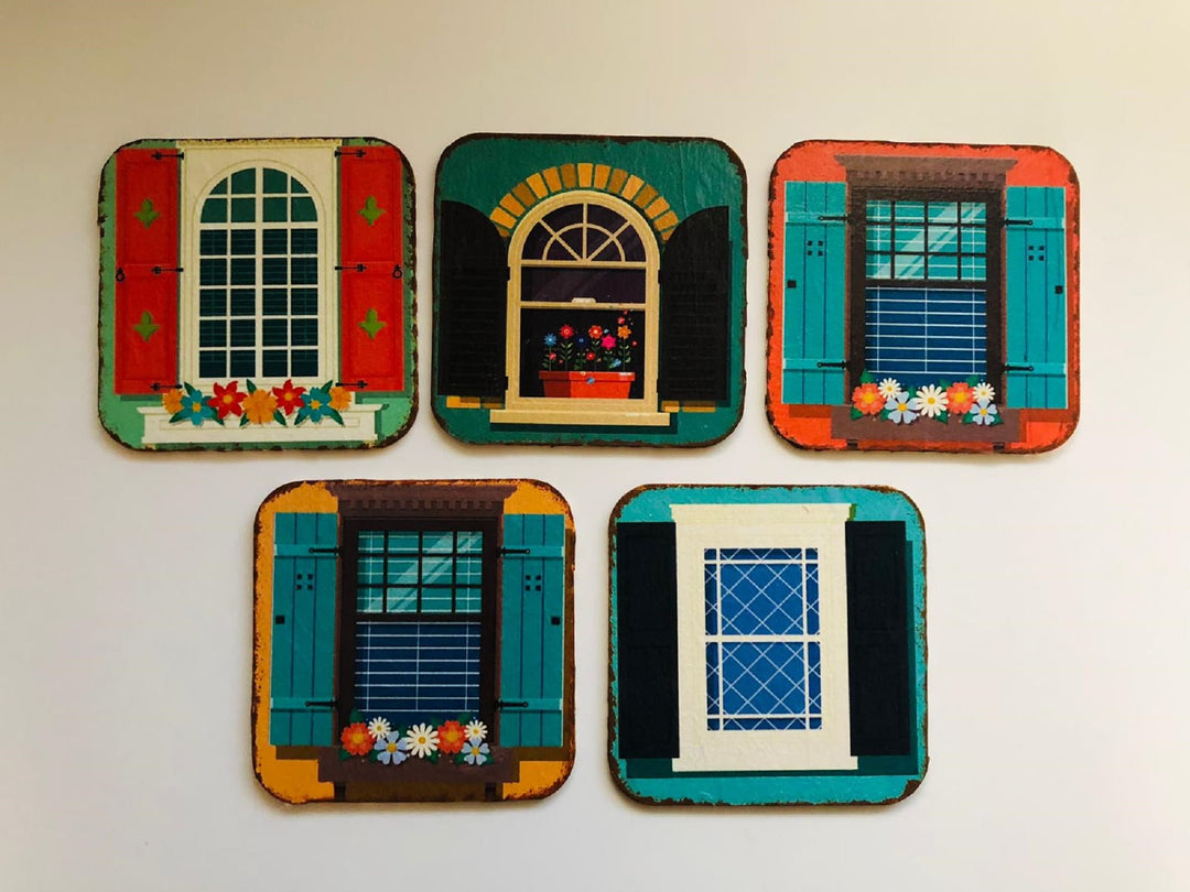 Vintage Window Box Coaster Set of 5|Handmade New Home Gift|Wood Drink Coaster|Autumn Spring Table Decor|Tea Coffee Table Mat|Christmas Gift