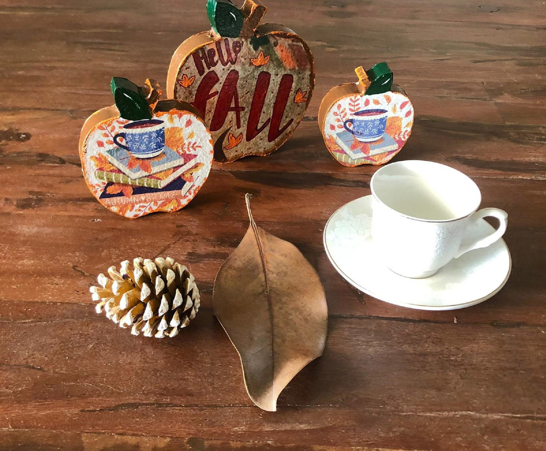 Set of 3 Wooden Hello Fall Decor|Hand Painted Apples||Autumn Mini Art|Custom Shelf Decor|Farmhouse Autumn Harvest Pumpkin Decor|Gift For Her