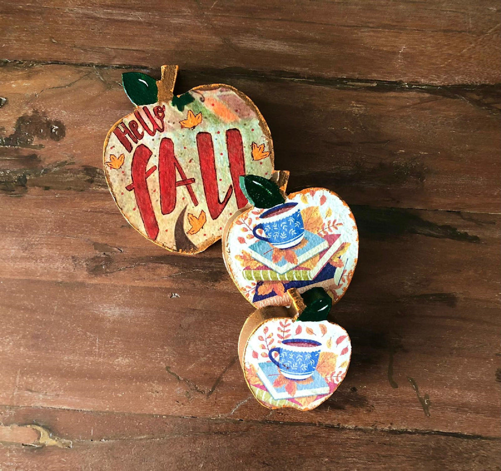 Set of 3 Wooden Hello Fall Decor|Hand Painted Apples||Autumn Mini Art|Custom Shelf Decor|Farmhouse Autumn Harvest Pumpkin Decor|Gift For Her