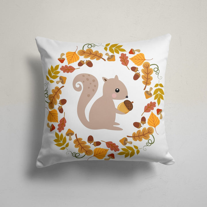 Fall Pillow Cover|Orange Green Leaf Drawing Throw Pillowtop|Fox Cushion Case|Squirrel and Acorn Autumn Home Decor|Farmhouse Cushion Cover