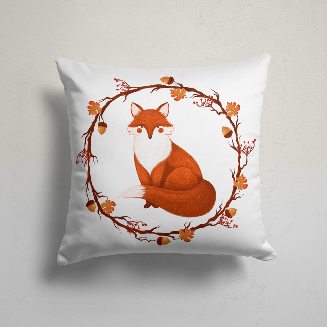 Fall Pillow Cover|Orange Green Leaf Drawing Throw Pillowtop|Fox Cushion Case|Squirrel and Acorn Autumn Home Decor|Farmhouse Cushion Cover