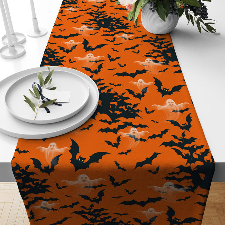 Halloween Table Runner|Orange Black Happy Halloween Print Tablecloth|Black Cat, Bat and Ghost Table Decor|Housewarming Fall Trend Home Decor