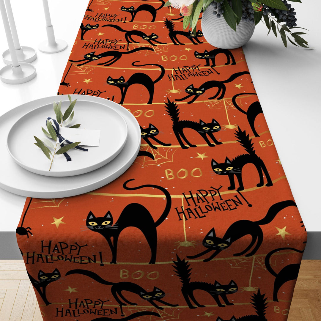 Halloween Table Runner|Orange Black Happy Halloween Print Tablecloth|Black Cat, Bat and Ghost Table Decor|Housewarming Fall Trend Home Decor