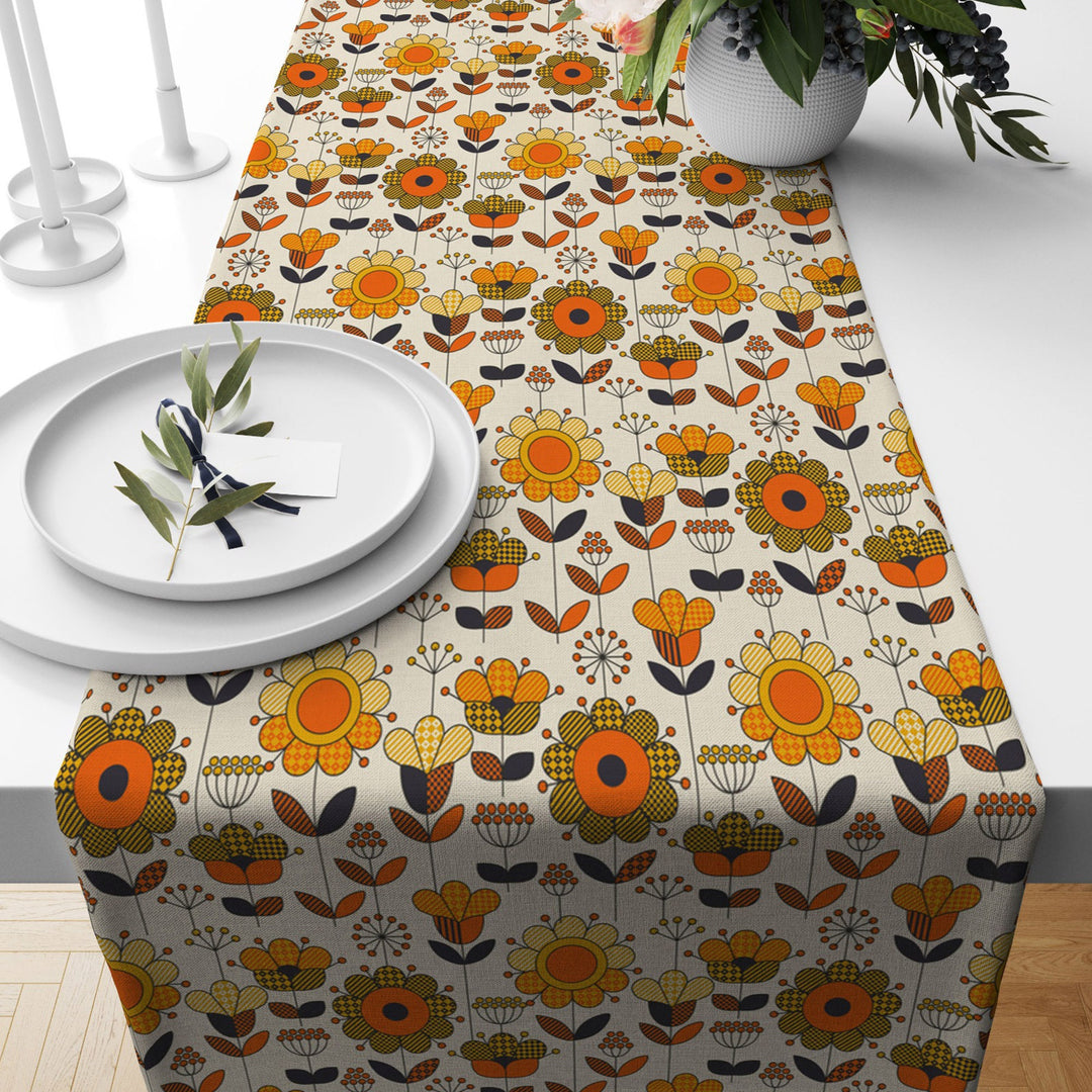 Fall Trend Table Runner|Flower Drawing Tablecloth|Leaf and Flower Print Table Decor|Farmhouse Style Tabletop|Housewarming Fall Home Decor