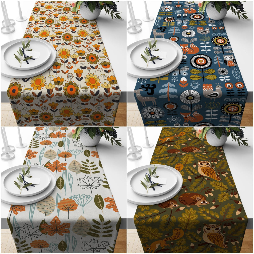 Fall Trend Table Runner|Flower Drawing Tablecloth|Leaf and Flower Print Table Decor|Farmhouse Style Tabletop|Housewarming Fall Home Decor