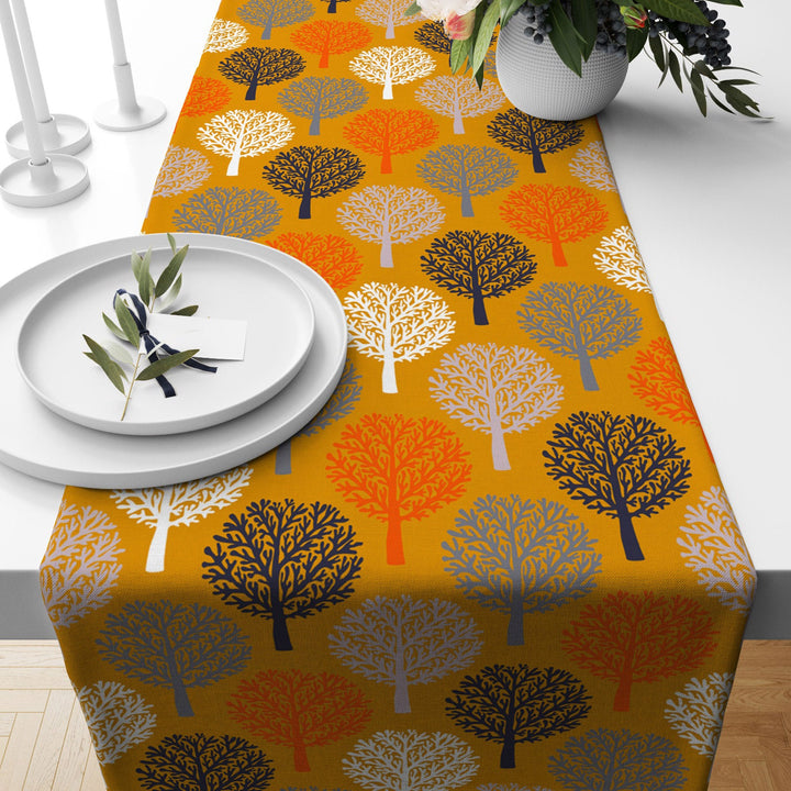 Fall Trend Table Runner|Flower Drawing Tablecloth|Dry Leaf and Autumn Tree Table Decor|Farmhouse Style Tabletop|Housewarming Fall Home Decor