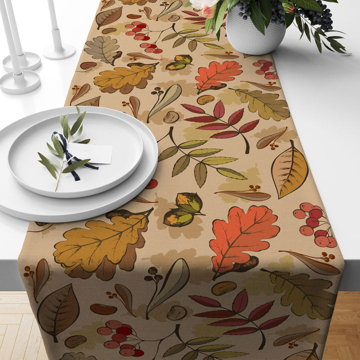 Fall Trend Table Runner|Flower Drawing Tablecloth|Dry Leaf and Autumn Tree Table Decor|Farmhouse Style Tabletop|Housewarming Fall Home Decor