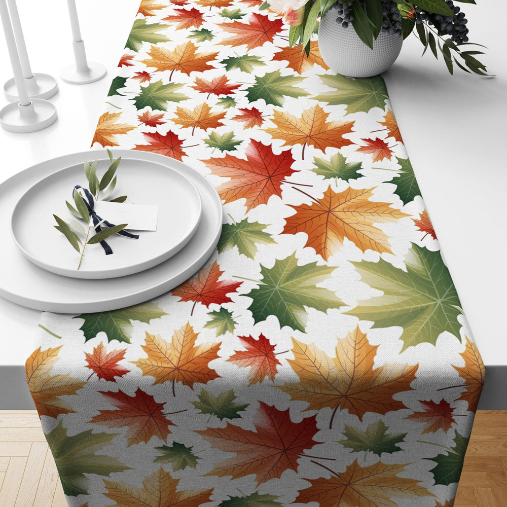 Fall Trend Table Runner|Flower Drawing Tablecloth|Dry Leaf Print Table Decor|Farmhouse Style Striped Tabletop|Housewarming Fall Home Decor