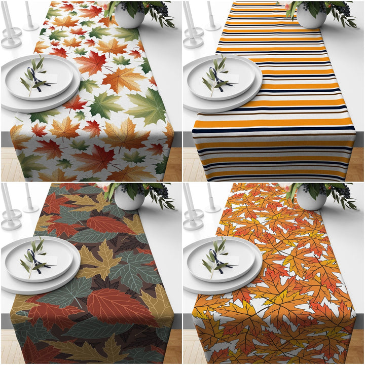 Fall Trend Table Runner|Flower Drawing Tablecloth|Dry Leaf Print Table Decor|Farmhouse Style Striped Tabletop|Housewarming Fall Home Decor