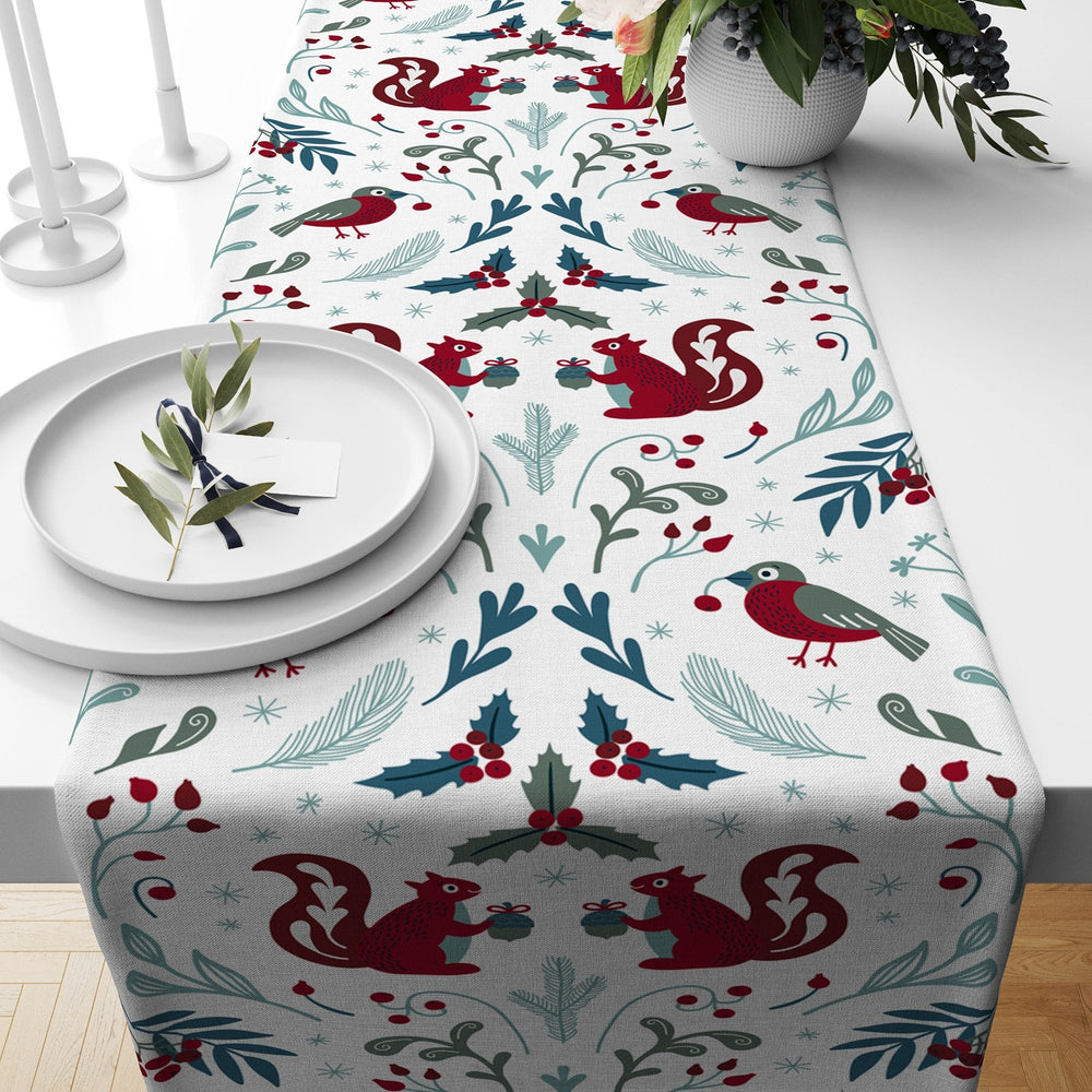 Christmas Table Runner|Winter Trend Tablecloth|Snowman and Red Berries Home Decor|Bird and Squirrel Print Runner|Farmhouse Xmas Tabletop