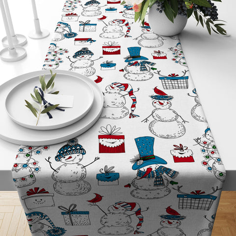 Christmas Table Runner|Winter Trend Tablecloth|Snowman and Red Berries Home Decor|Bird and Squirrel Print Runner|Farmhouse Xmas Tabletop