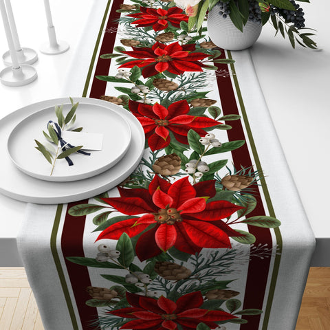 Christmas Table Runner|Winter Trend Tablecloth|Red Poinsettia and Berries Home Decor|Striped Floral Print Runner|Farmhouse Xmas Tabletop