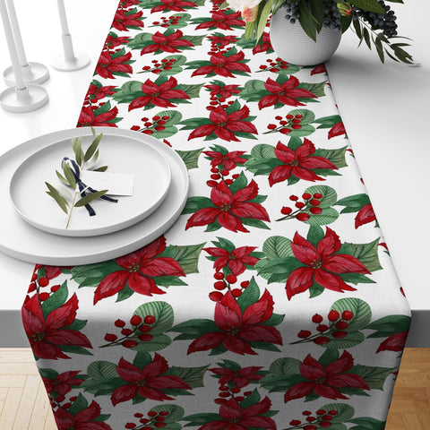 Christmas Table Runner|Winter Trend Tablecloth|Red Poinsettia and Berries Home Decor|Striped Floral Print Runner|Farmhouse Xmas Tabletop