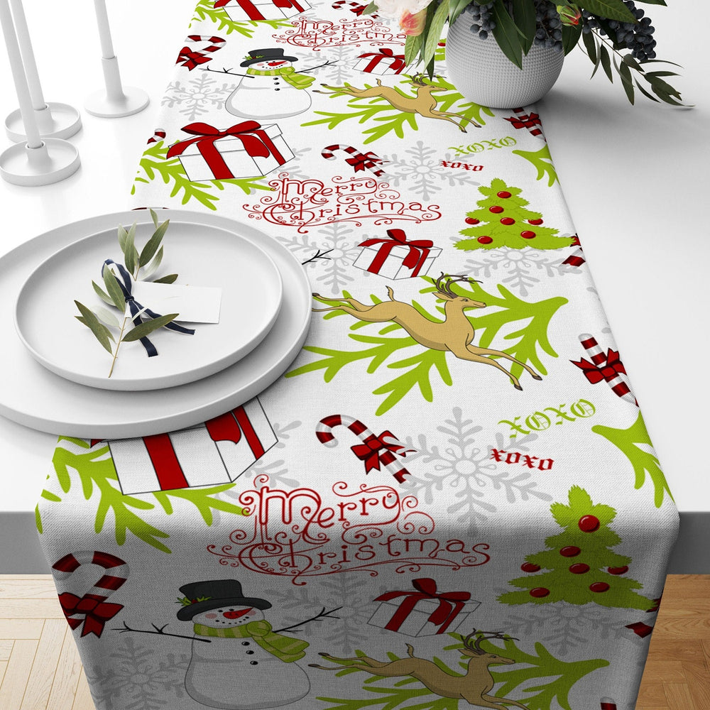 Christmas Table Runner|Winter Trend Tablecloth|Merry Xmas and Ho Ho Print Home Decor|Xmas Tree and Deer Runner|Farmhouse Winter Tabletop