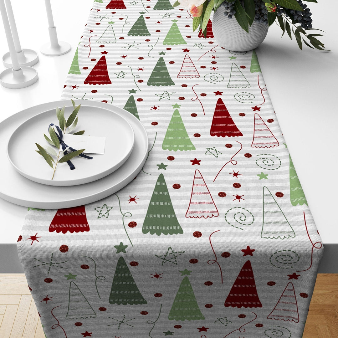 Christmas Table Runner|Winter Trend Tablecloth|Merry Xmas and Ho Ho Print Home Decor|Xmas Tree and Deer Runner|Farmhouse Winter Tabletop