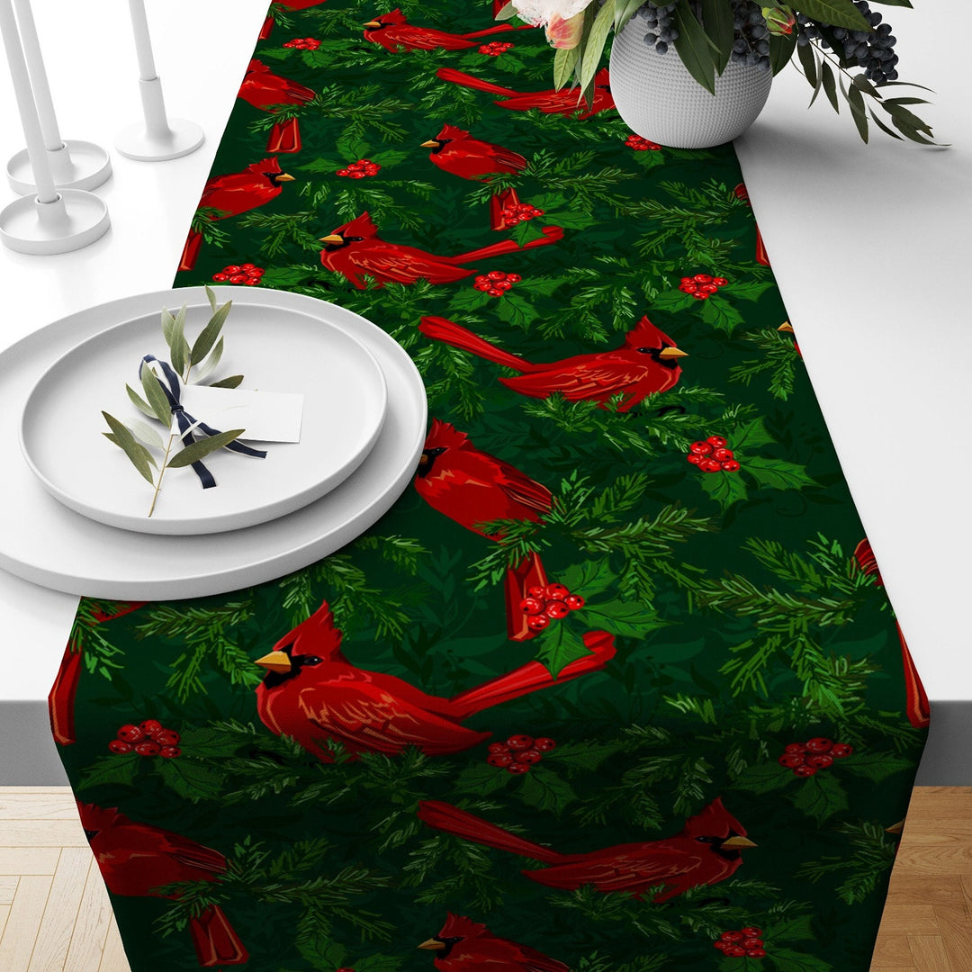 Winter Table Runner|Christmas Tablecloth|Red Cardinal Bird and Berries Home Decor|Green Leaves Print Christmas Runner|Farmhouse Xmas Decor