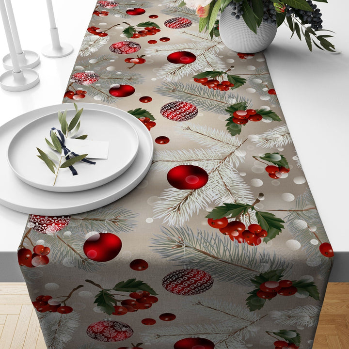 Christmas Table Runner|Winter Trend Tablecloth|Xmas Ornaments and Pine Tree Needles Home Decor|Farmhouse Style Xmas Bell Print Tabletop