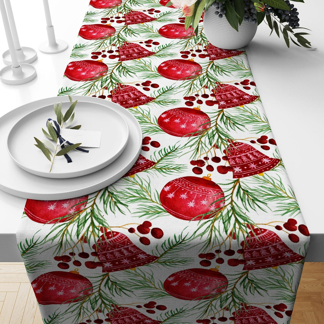 Christmas Table Runner|Winter Trend Tablecloth|Xmas Ornaments and Pine Tree Needles Home Decor|Farmhouse Style Xmas Bell Print Tabletop