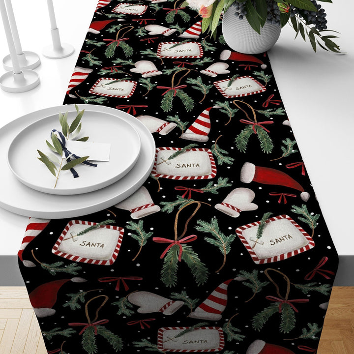 Christmas Table Runner|Winter Trend Tablecloth|Santa Hat and Red Cardinal Bird Home Decor|Xmas Ornaments Runner|Farmhouse Xmas Tabletop