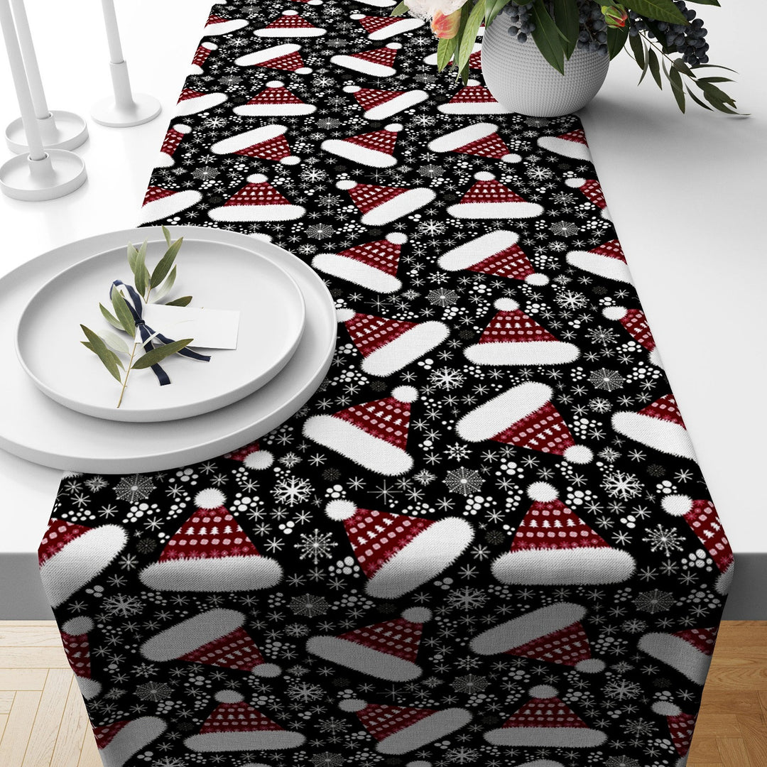 Christmas Table Runner|Winter Trend Tablecloth|Santa Hat and Red Cardinal Bird Home Decor|Xmas Ornaments Runner|Farmhouse Xmas Tabletop