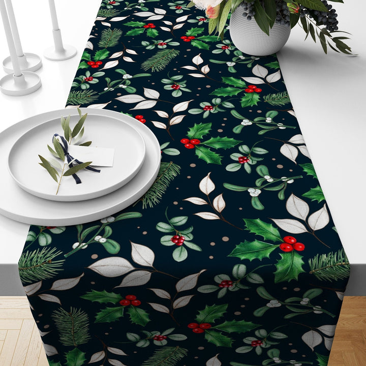 Christmas Table Runner|Winter Trend Tablecloth|Pine Tree Needles and Red Berries Home Decor|Xmas Gift Box and Candle Print Farmhouse Runner