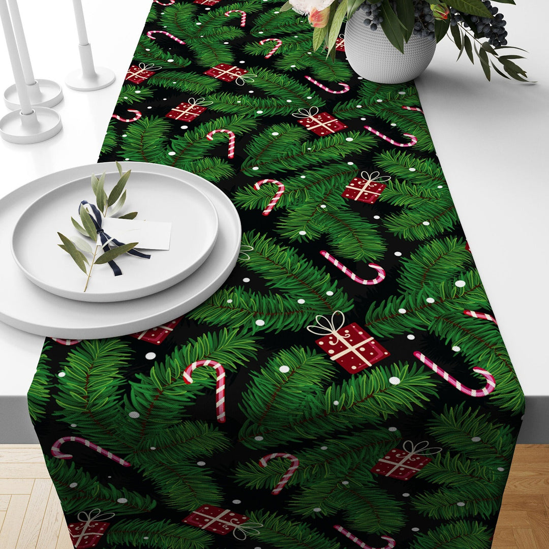 Christmas Table Runner|Winter Trend Tablecloth|Pine Tree Needles and Red Berries Home Decor|Xmas Gift Box and Candle Print Farmhouse Runner