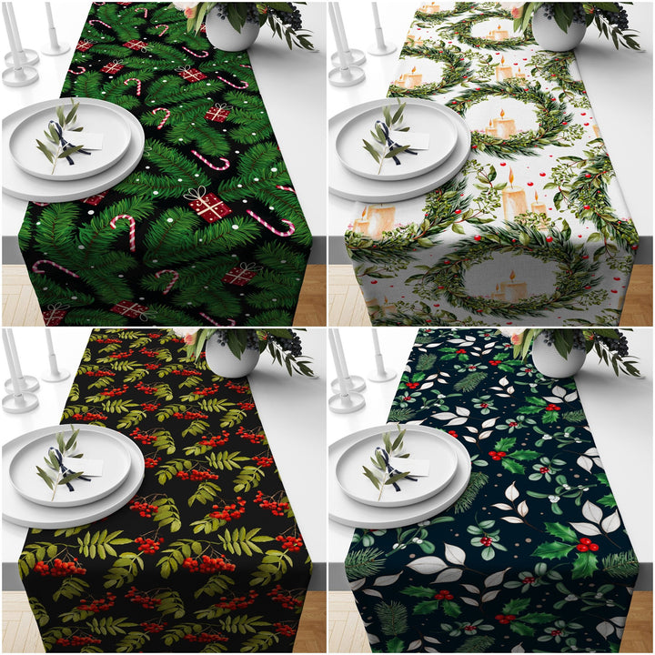 Christmas Table Runner|Winter Trend Tablecloth|Pine Tree Needles and Red Berries Home Decor|Xmas Gift Box and Candle Print Farmhouse Runner