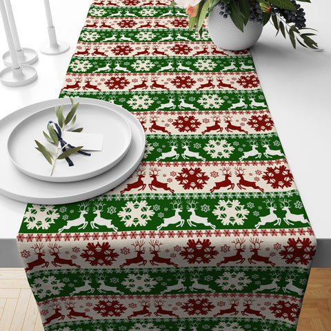 Christmas Table Runner|Winter Trend Tablecloth|Xmas Tree and Deer Print Home Decor|Decorative Snowflake Runner|Farmhouse Style Xmas Tabletop