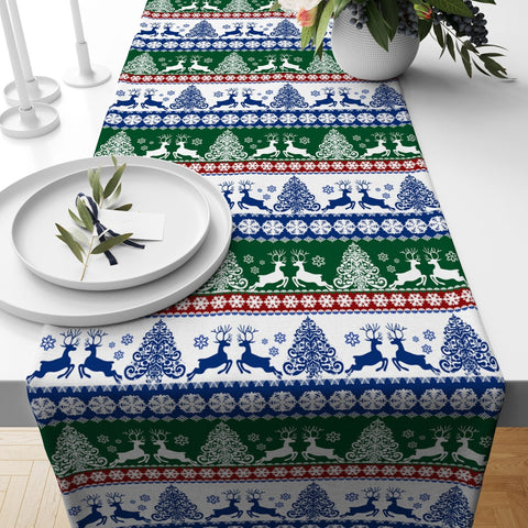 Christmas Table Runner|Winter Trend Tablecloth|Xmas Tree and Deer Print Home Decor|Decorative Snowflake Runner|Farmhouse Style Xmas Tabletop