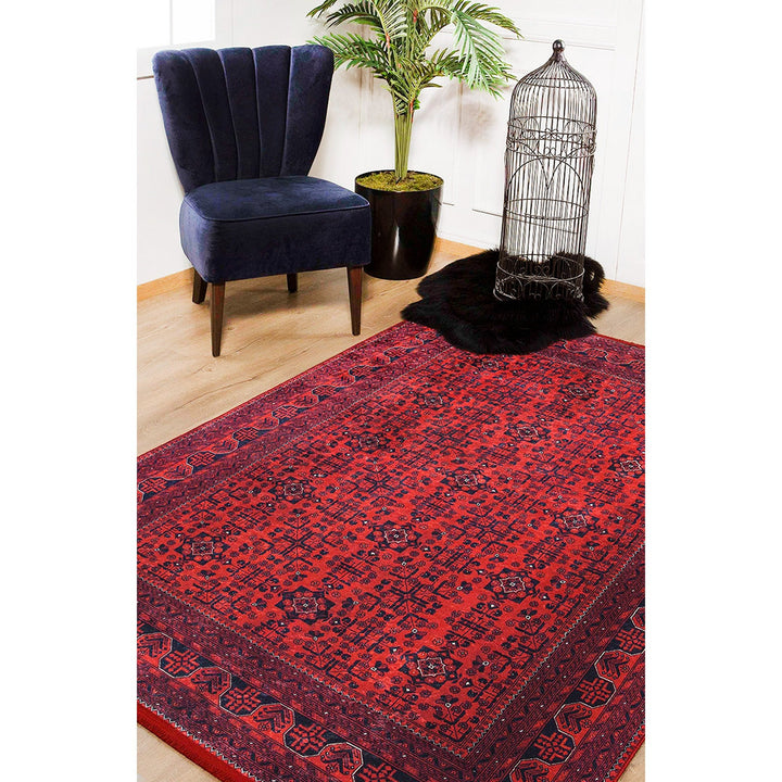 Red Afghan Rug|Ethnic Pattern Machine-Washable Non-Slip Rug|Oriental Washable Carpet|Decorative Area Rug|Multi-Purpose Anti-Slip Carpet