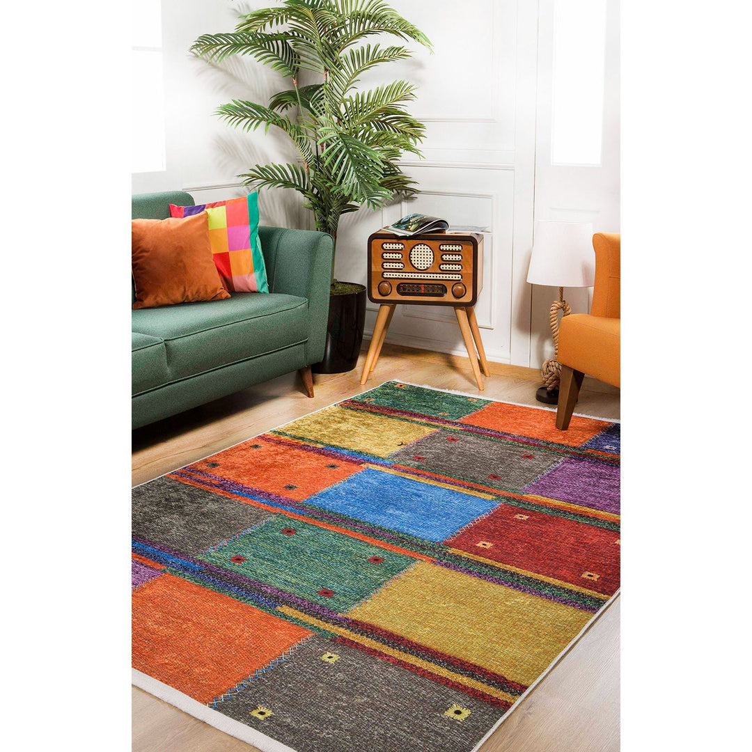 Machine-Washable Rug|Patchwork Non-Slip Carpet|Colorful Farmhouse Style Washable Carpet|Decorative Area Rug|Multi-Purpose Anti-Slip Rug