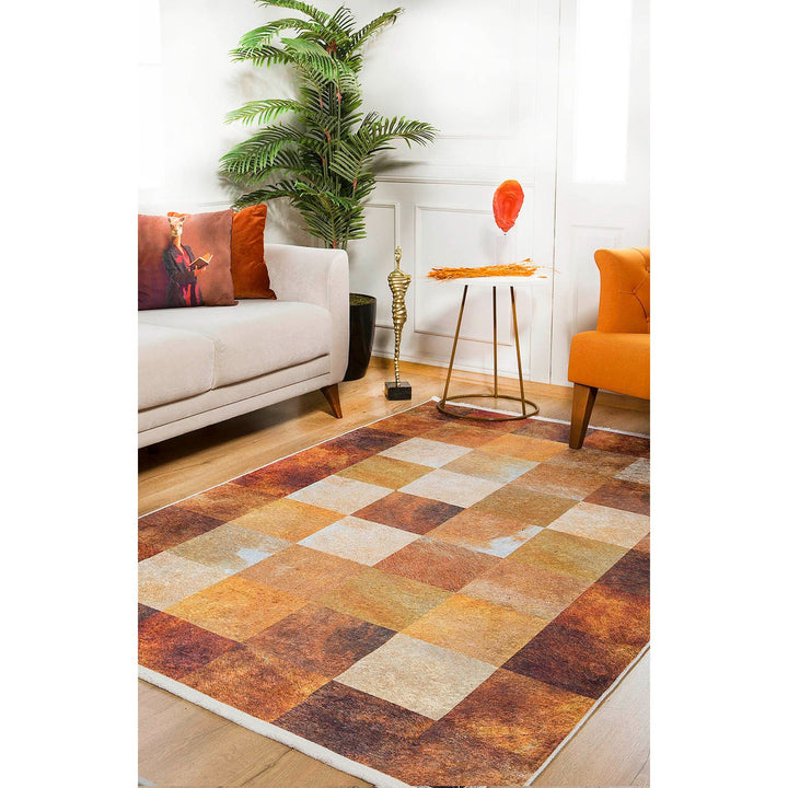 Machine-Washable Rug|Brown Beige Plaid Non-Slip Carpet|Farmhouse Geometric Washable Carpet|Housewarming Area Rug|Multi-Purpose Anti-Slip Rug