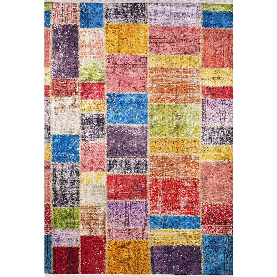 Machine-Washable Rug|Colorful Patchwork Non-Slip Carpet|Farmhouse Style Washable Carpet|Housewarming Area Rug|Multi-Purpose Anti-Slip Rug