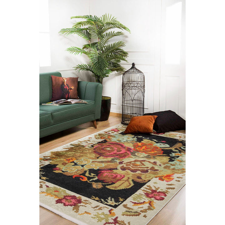 Floral Karabagh Rug|Machine-Washable Non-Slip Rug|Pink Rose Farmhouse Washable Carpet|Decorative Area Rug|Multi-Purpose Anti-Slip Rug