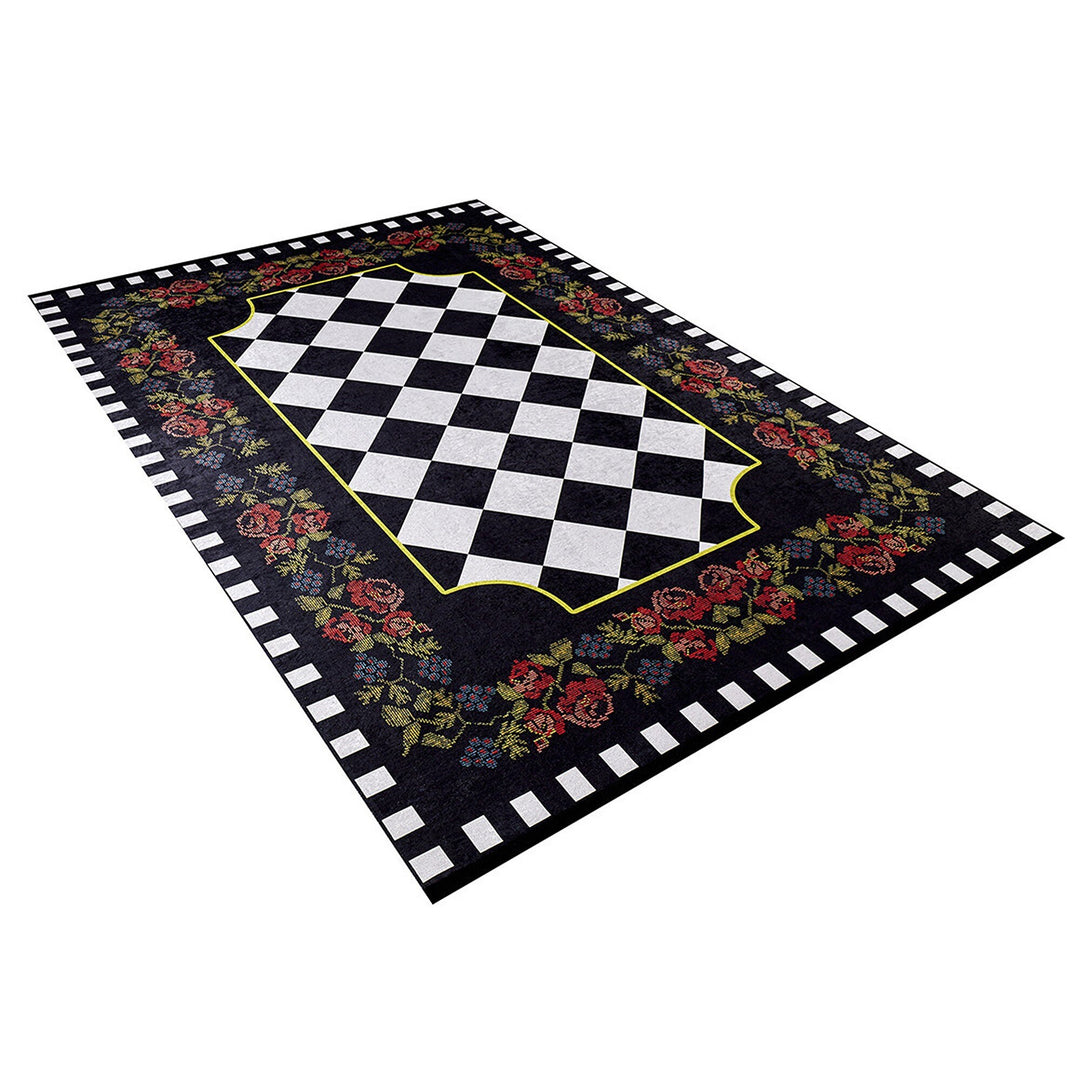 Floral Checkered Rug|Machine-Washable Rug|Non-Slip Carpet|Farmhouse Washable Karabagh Carpet|Decorative Area Rug|Multi-Purpose Anti-Slip Rug