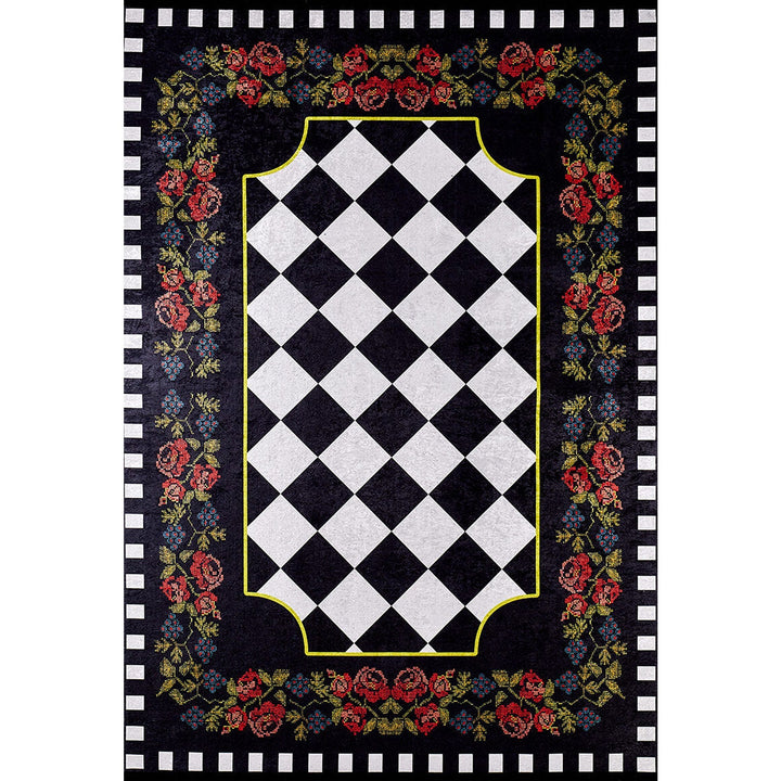 Floral Checkered Rug|Machine-Washable Rug|Non-Slip Carpet|Farmhouse Washable Karabagh Carpet|Decorative Area Rug|Multi-Purpose Anti-Slip Rug