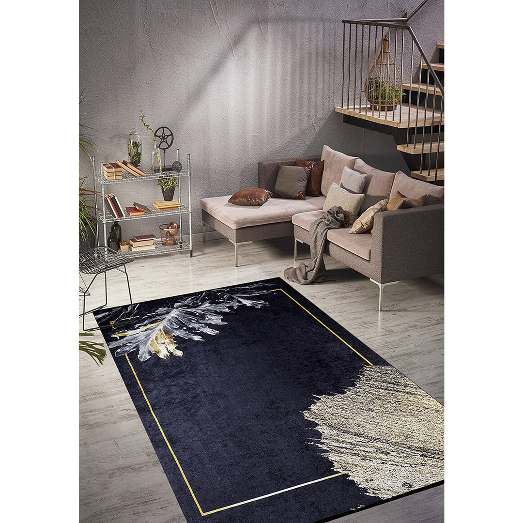 Abstract Leaf Rug|Machine-Washable Non-Slip Rug|Gold and Gray Detailed Washable Carpet|Decorative Area Rug|Multi-Purpose Anti-Slip Boho Rug