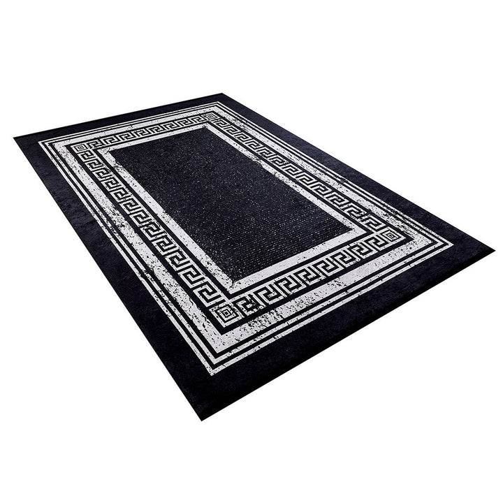 Greek Key Rug|Machine-Washable Rug|Gray Bordered Black Non-Slip Carpet|Washable Floor Carpet|Decorative Area Rug|Multi-Purpose Anti-Slip Rug