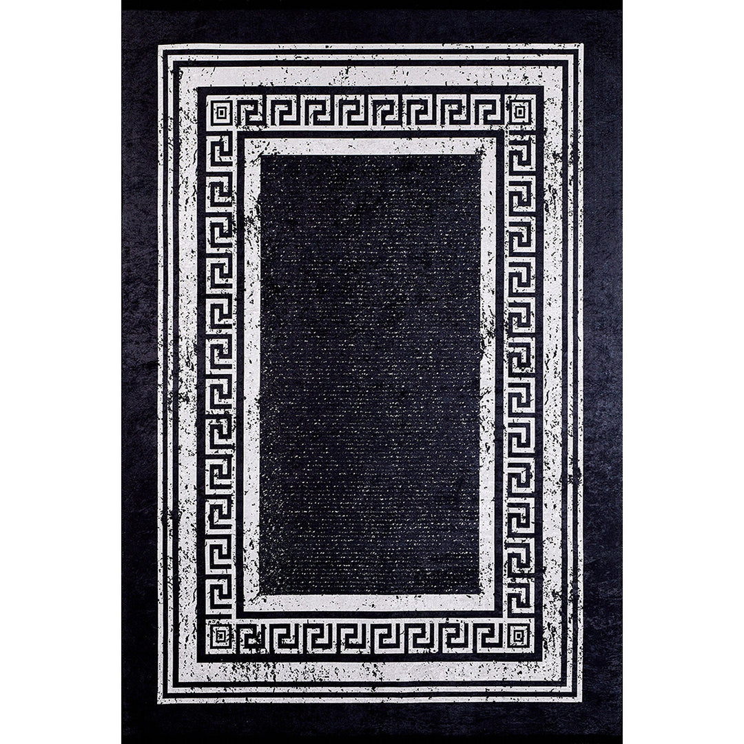 Greek Key Rug|Machine-Washable Rug|Gray Bordered Black Non-Slip Carpet|Washable Floor Carpet|Decorative Area Rug|Multi-Purpose Anti-Slip Rug