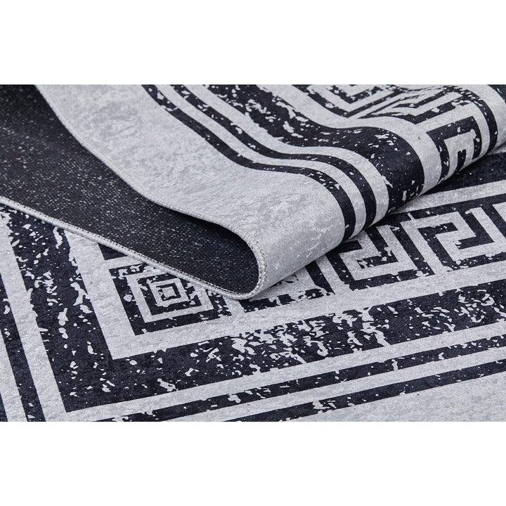 Greek Key Rug|Machine-Washable Rug|Black Bordered Gray Non-Slip Carpet|Washable Floor Carpet|Decorative Area Rug|Multi-Purpose Anti-Slip Rug