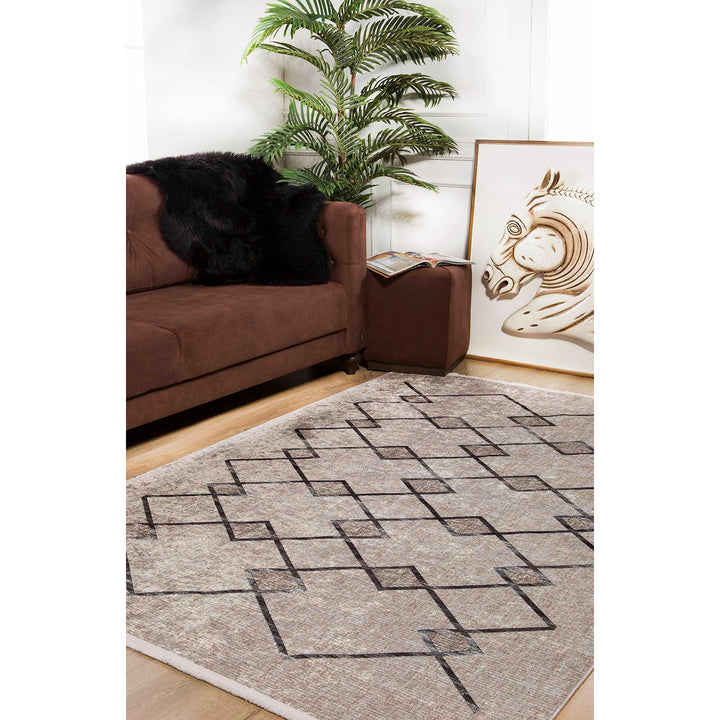 Diamond Pattern Rug|Machine-Washable Non-Slip Rug|Beige Brown Geometric Washable Carpet|Farmhouse Area Rug|Multi-Purpose Anti-Slip Carpet