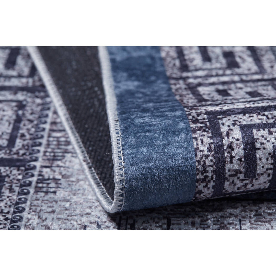 Greek Key Rug|Machine-Washable Rug|Anthracite Bordered Blue Non-Slip Carpet|Washable Carpet|Decorative Area Rug|Multi-Purpose Anti-Slip Rug