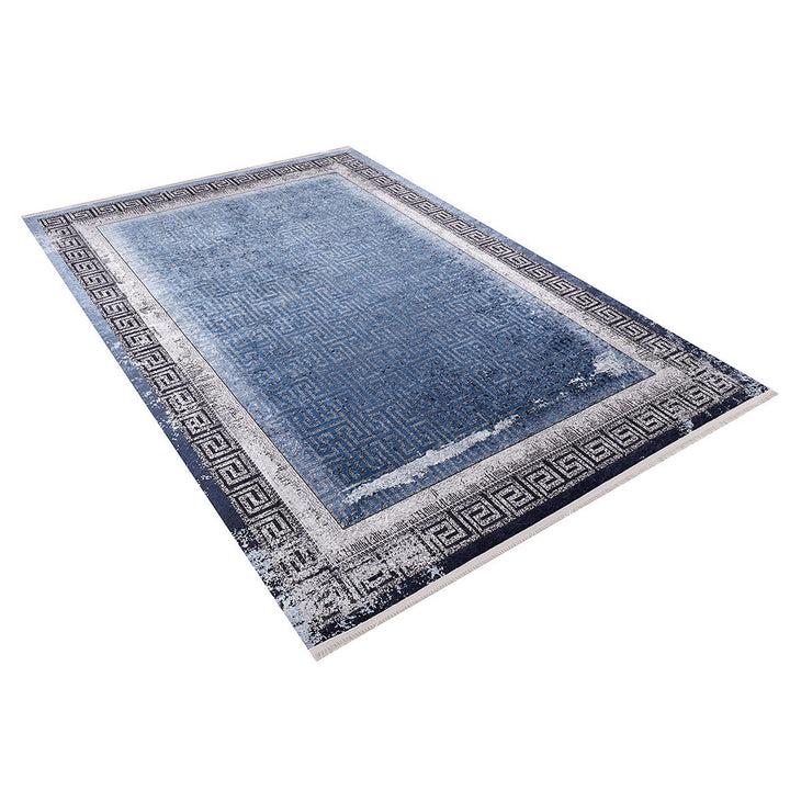 Greek Key Rug|Machine-Washable Rug|Anthracite Bordered Blue Non-Slip Carpet|Washable Carpet|Decorative Area Rug|Multi-Purpose Anti-Slip Rug