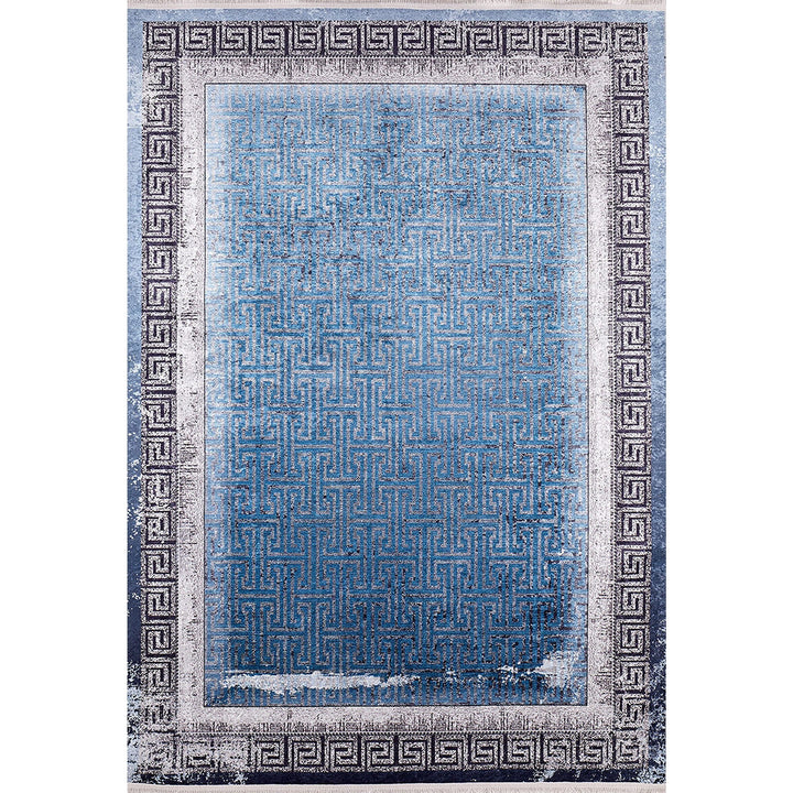 Greek Key Rug|Machine-Washable Rug|Anthracite Bordered Blue Non-Slip Carpet|Washable Carpet|Decorative Area Rug|Multi-Purpose Anti-Slip Rug