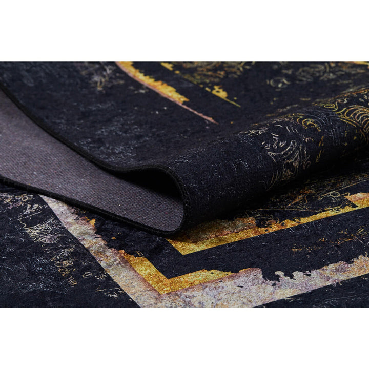 Black Gold Rug|Machine-Washable Non-Slip Rug|Abstract Design Carpet|Housewarming Worn Looking Boho Area Rug|Multi-Purpose Anti-Slip Carpet