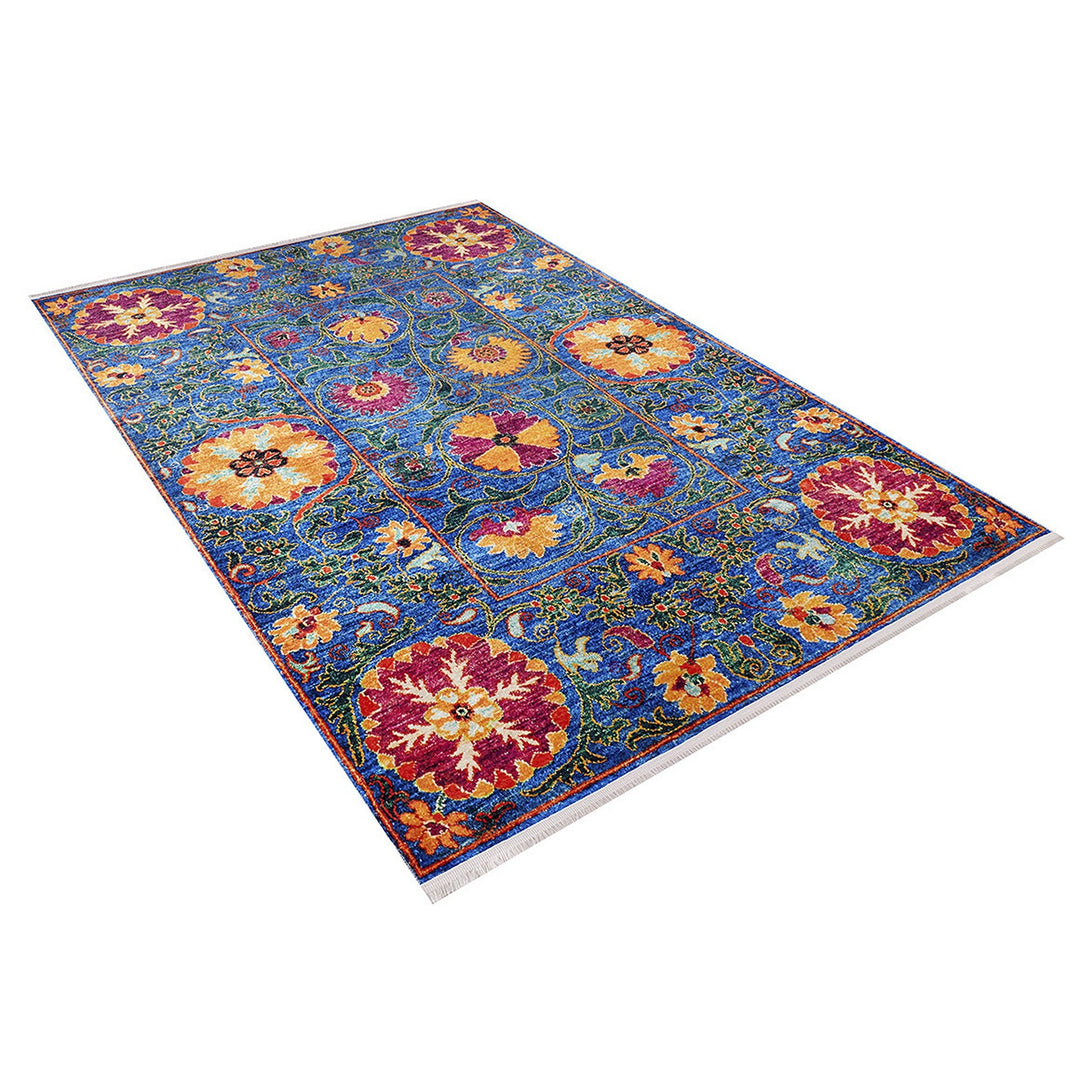 Floral Karabakh Rug|Machine-Washable Non-Slip Rug|Farmhouse Orange Blue Washable Carpet|Decorative Area Rug|Multi-Purpose Anti-Slip Rug