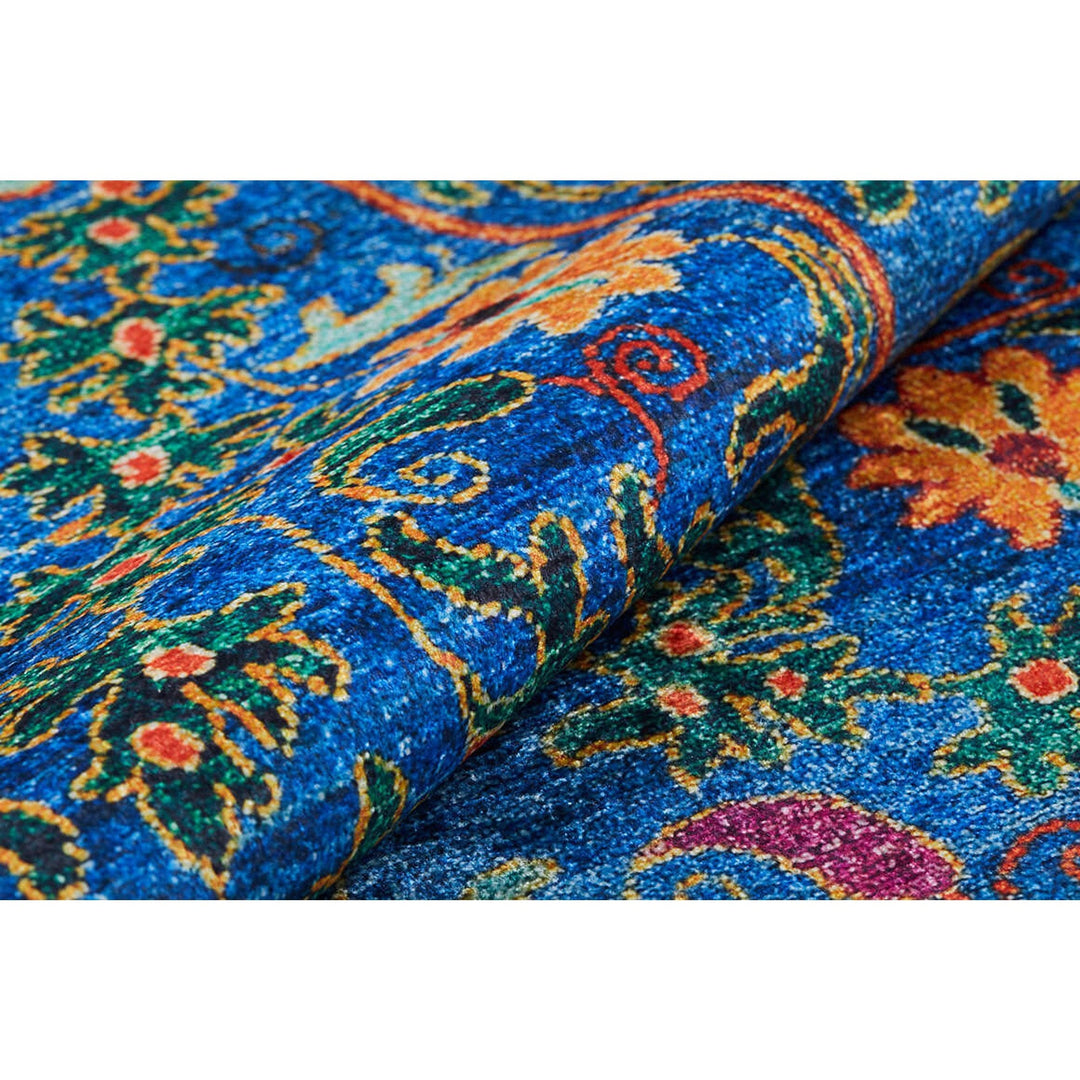 Floral Karabakh Rug|Machine-Washable Non-Slip Rug|Farmhouse Orange Blue Washable Carpet|Decorative Area Rug|Multi-Purpose Anti-Slip Rug